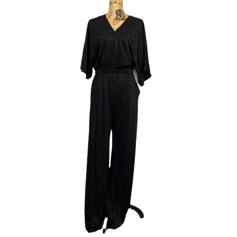 Aura Black Shimmering Silver Elastic Waist V-Neck Wrap Jumpsuit Romper L